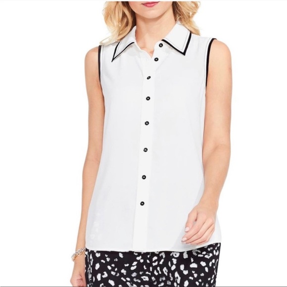 Vince Camuto Red Blouse Button down Sleeveless Black Trim | Size XS - Collared - Picture 2 of 8